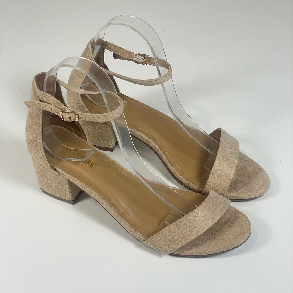Cushionaire Alba Suede Block Heel Sandals Womens 9 Beige Memory Foam Ankle Strap